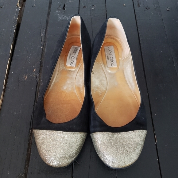Jimmy Choo Gaze Black Suede Ballet Flats Gold Toe Slip On Shoes Women's 37.5 - Picture 1 of 8
